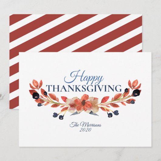 Happy Thanksgiving Blue Brown Floral Waterverf Feestdagenkaart (Voorkant / Achterkant)