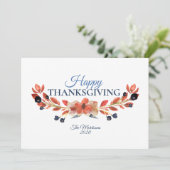 Happy Thanksgiving Blue Brown Floral Waterverf Feestdagenkaart (Staand voorkant)