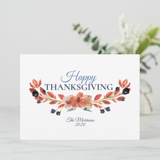 Happy Thanksgiving Blue Brown Floral Waterverf Feestdagenkaart (Staand voorkant)