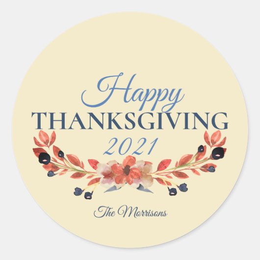 Happy Thanksgiving Blue Brown Floral Waterverf Ronde Sticker (Voorkant)