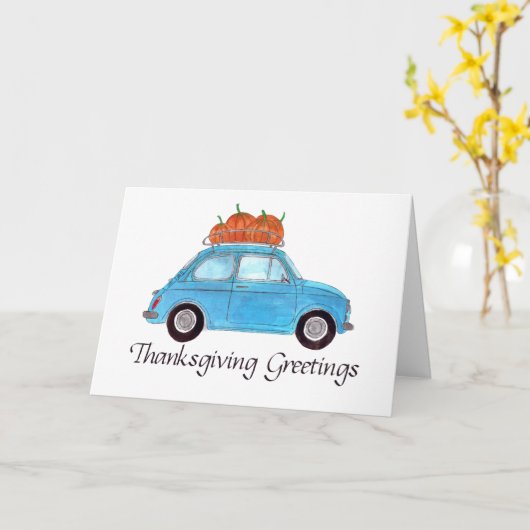 Happy Thanksgiving Blue Retro Fiat 500 Kaart (Gele Bloem)