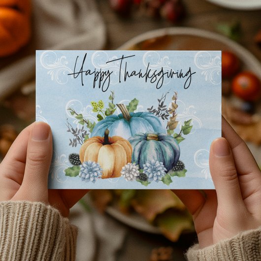 Happy Thanksgiving Blue Waterverf pompoen Briefkaart