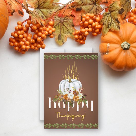 Happy Thanksgiving Boho Bloemen Pompoen Bruin Flat Feestdagenkaart