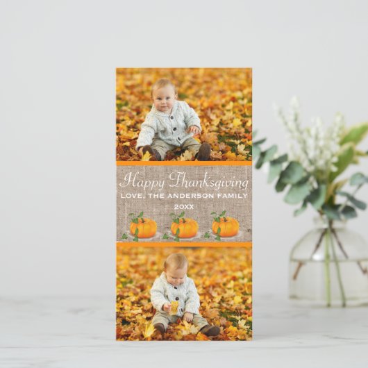 Happy Thanksgiving Burlap 2-foto's - Fotokaart Feestdagenkaart (Staand voorkant)