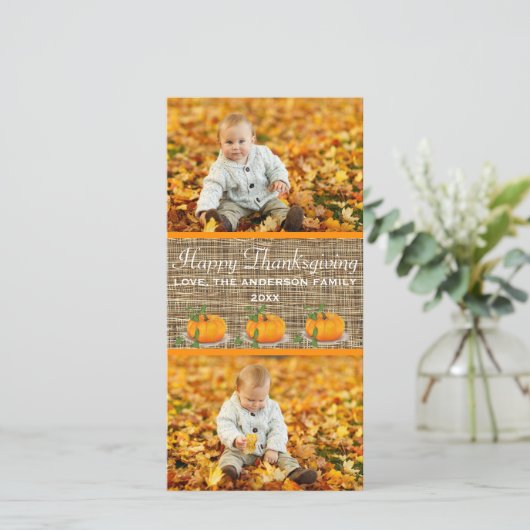 Happy Thanksgiving Burlap 2-foto's - Fotokaart Feestdagenkaart (Staand voorkant)