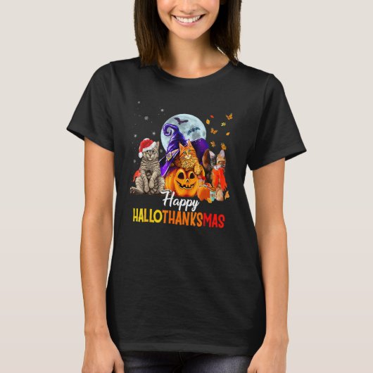 Happy Thanksgiving Cat Happy Hallothanksmas Cute C T-shirt (Voorkant)
