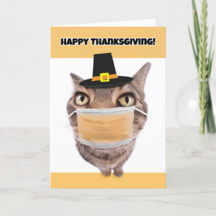 Happy Thanksgiving Cat in Coronavirus Face Mask Feestdagen Kaart