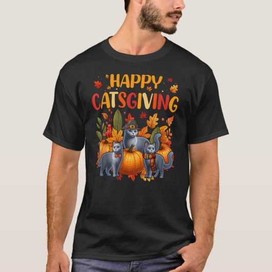 Happy Thanksgiving Cat Three Cute Russian Blue Cat T-shirt (Voorkant)