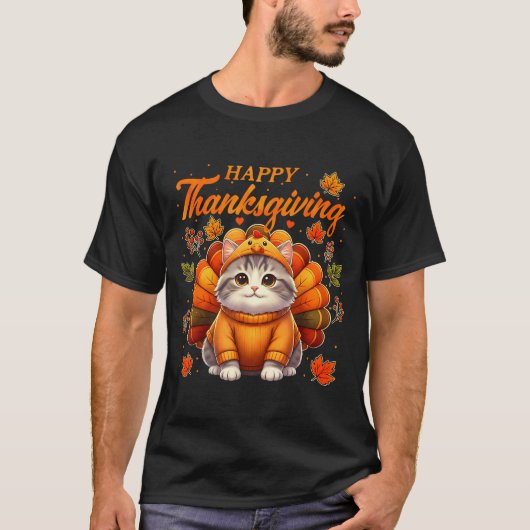 Happy Thanksgiving Cat Turkey Day Autumn Fall Men  T-shirt (Voorkant)