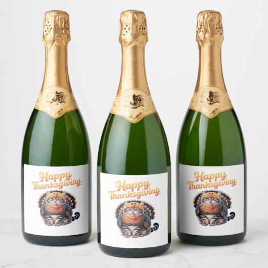 Happy Thanksgiving Cat Turkey Day Herfst Classic T Sparkling Wijnetiket (Flessen)