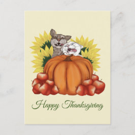 Happy Thanksgiving Cats met pompoen en zonnebloeme Briefkaart