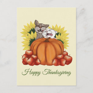 Happy Thanksgiving Cats met pompoen en zonnebloeme Briefkaart