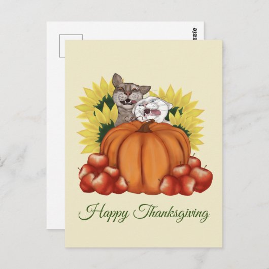 Happy Thanksgiving Cats met pompoen en zonnebloeme Briefkaart (Voorkant / Achterkant)