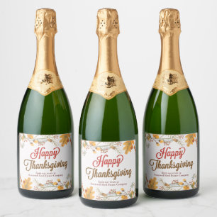 Happy Thanksgiving Chic Fall Leaves Company Party Sparkling Wijnetiket