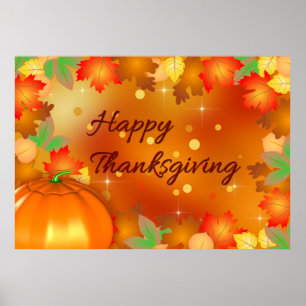 Happy Thanksgiving Colorful Autumn Leaves Poster