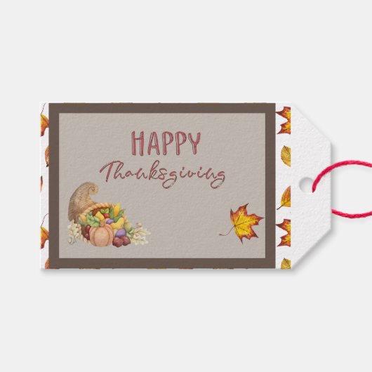 Happy Thanksgiving Cornucopia Basket Fall Leaves Cadeaulabel (Voorkant (Horizontaal))