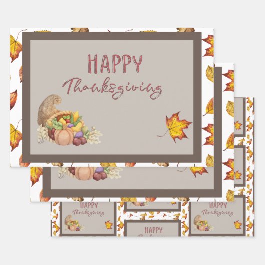 Happy Thanksgiving Cornucopia Basket Fall Leaves Inpakpapier Vel (Set)