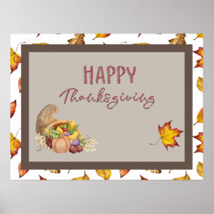 Happy Thanksgiving Cornucopia Basket Fall Leaves Poster