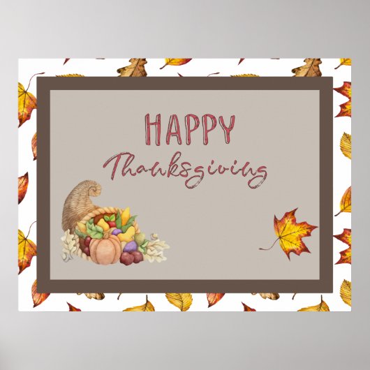 Happy Thanksgiving Cornucopia Basket Fall Leaves Poster (Voorkant)