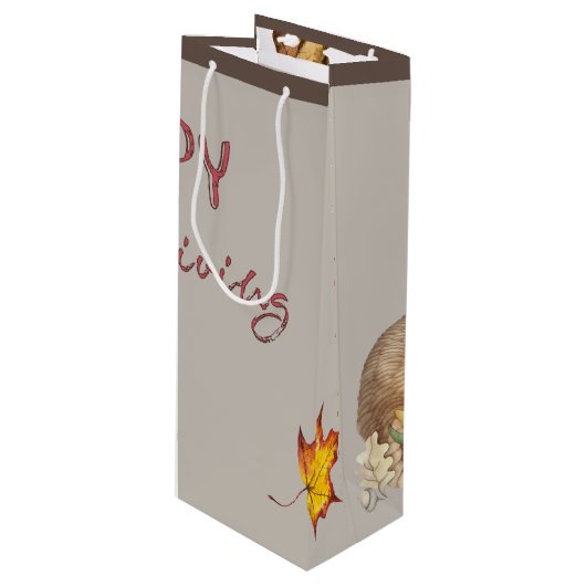 Happy Thanksgiving Cornucopia Basket Fall Leaves Wijn Cadeautas (Voorkant Gekanteld)