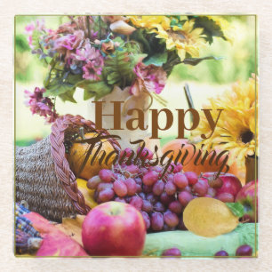 Happy Thanksgiving Cornucopia Fruits Grapes Apple Glazen Onderzetter