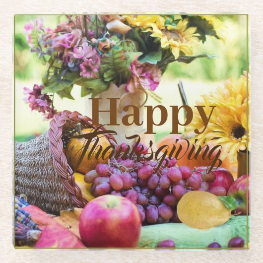 Happy Thanksgiving Cornucopia Fruits Grapes Apple Glazen Onderzetter (Voorkant)