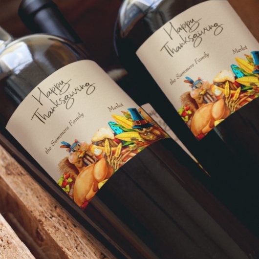 Happy Thanksgiving Cute Animals Gift Wijn Etiket