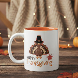 Happy Thanksgiving Cute Pilgrim Turkije Tweekleurige Koffiemok