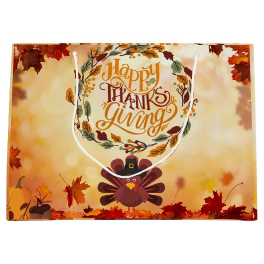 Happy Thanksgiving Cute Turkey and Autumn Leaves Groot Cadeauzakje (Voorkant)