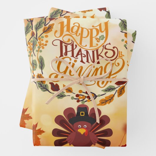 Happy Thanksgiving Cute Turkey and Autumn Leaves Inpakpapier Vel (In situ)