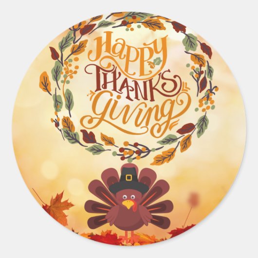 Happy Thanksgiving Cute Turkey and Autumn Leaves Ronde Sticker (Voorkant)