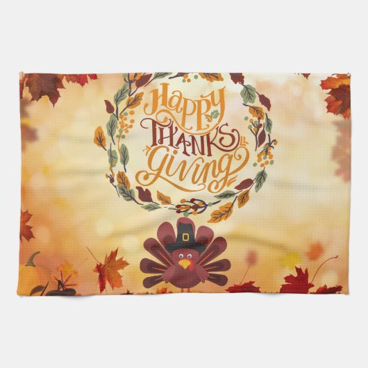 Happy Thanksgiving Cute Turkey and Autumn Leaves Theedoek (Horizontaal)