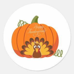 Happy Thanksgiving Cute Turkey and Pumpkin Ronde Sticker