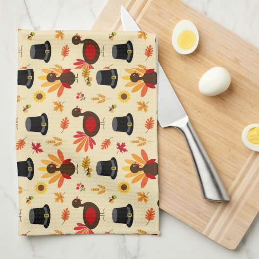 Happy Thanksgiving Cute Turkey Floral Kitchen Theedoek (Quarter Fold)