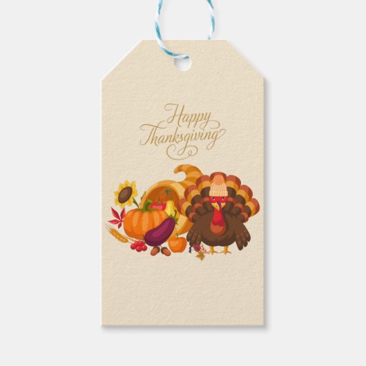 Happy Thanksgiving Cute Turkey, Horn of Plenty Cadeaulabel (Voorkant)
