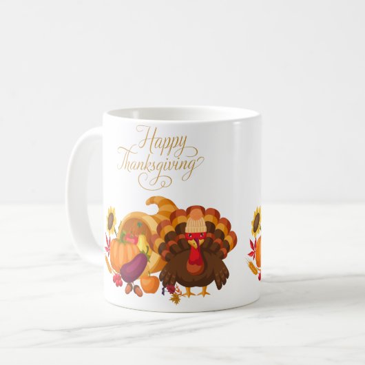 Happy Thanksgiving Cute Turkey, Horn of Plenty Koffiemok (Voorkant links)