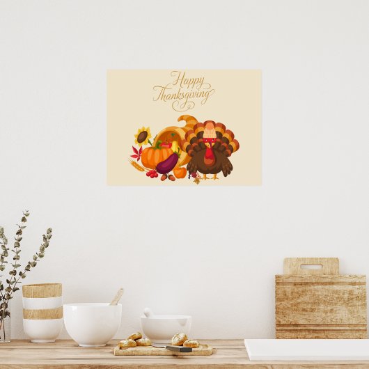 Happy Thanksgiving Cute Turkey, Horn of Plenty Poster (Keuken)