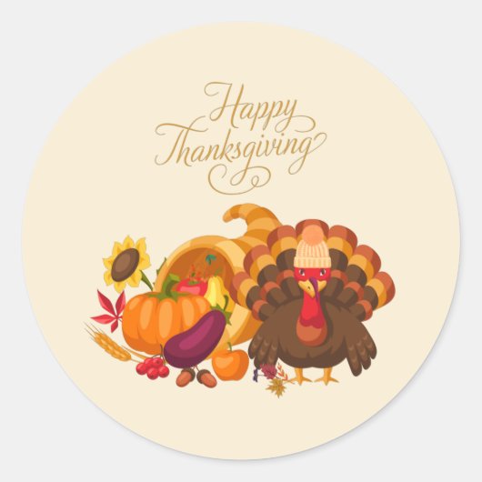 Happy Thanksgiving Cute Turkey, Horn of Plenty Ronde Sticker (Voorkant)