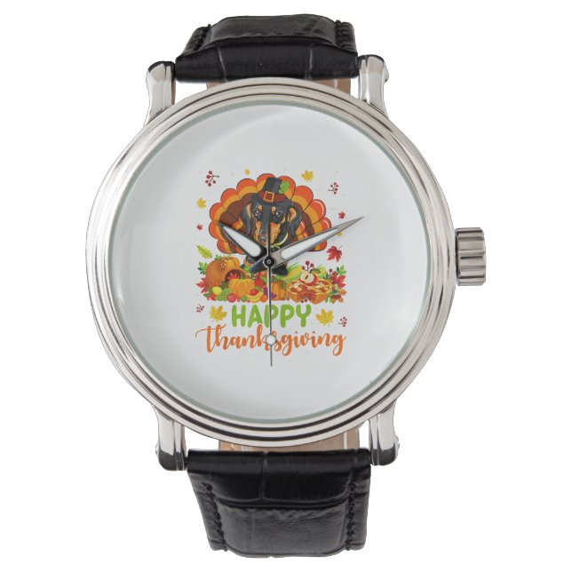Happy Thanksgiving Dachshund Dog Turkey Hondenlief Horloge (Voorkant)