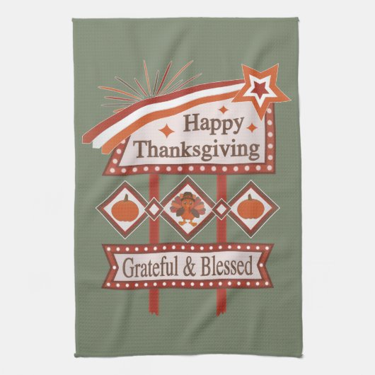 Happy Thanksgiving Dankbaar & Gezegend Retro Teken Theedoek (Verticaal)