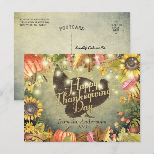 Happy Thanksgiving Day Turkey Pumpkins Fall Leaves Feestdagenkaart (Voorkant / Achterkant)