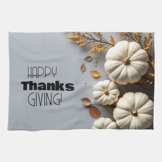 Happy Thanksgiving Day White Pumpkins Theedoek (Horizontaal)