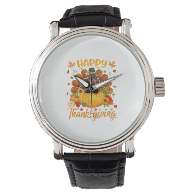 Happy Thanksgiving Doberman Dog Turkey Pumpkin Horloge (Voorkant)