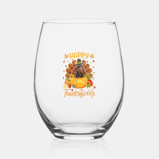 Happy Thanksgiving Doberman Dog Turkey Pumpkin Wijnglas Zonder Voet (Voorkant)
