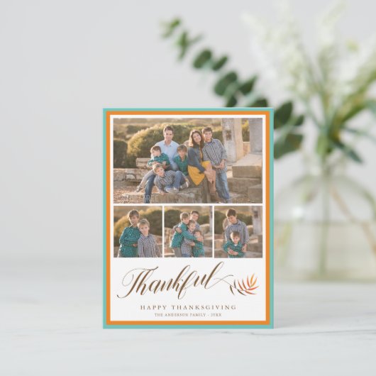 Happy Thanksgiving Elegant dankbaar script 4 Foto Feestdagenkaart (Staand voorkant)