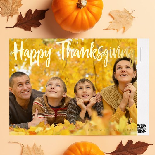 Happy Thanksgiving Elegant Script over Photo Gold Folie Feestdagen Briefkaart
