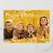 Happy Thanksgiving Elegant Script over Photo Gold Folie Feestdagenkaart (Voorkant)