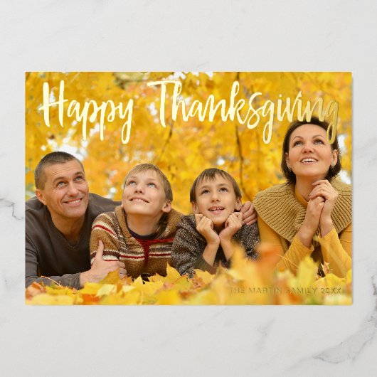 Happy Thanksgiving Elegant Script over Photo Gold Folie Feestdagenkaart (Voorkant)
