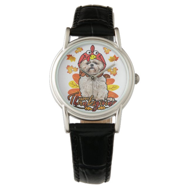 Happy Thanksgiving Fall Leaves Autumn Shih Tzu Horloge (Voorkant)
