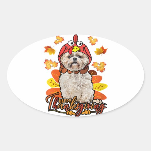 Happy Thanksgiving Fall Leaves Autumn Shih Tzu Ovale Sticker (Voorkant)